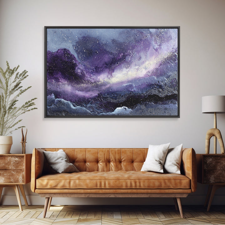 Dreamlike Comet Crossing a Violet Sky Framed Canvas Print, Celestial Art, Colorful Wall Art, Living Room Decor, Abstract Art, CEL-3x2-64
