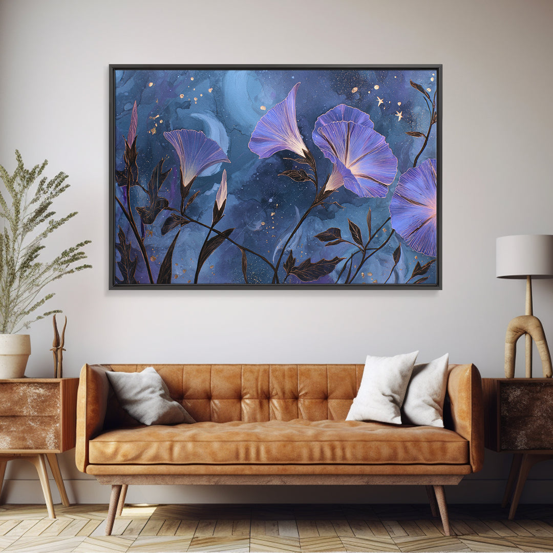 Moon Garden with Night Blooming Flowers Canvas Print, Celestial Art, Mushroom Decor, Living Room Decor, Oil Painting, Celestial, CEL-3x2-73