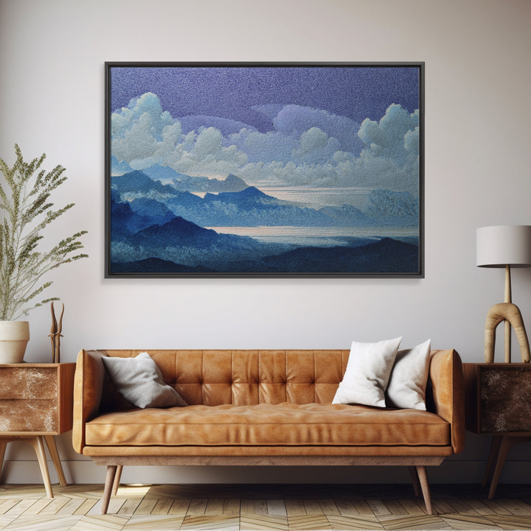 Night Sky over a Quiet Mountain Lake Framed Canvas Print, Celestial Art, Retro Wall Art, Living Room Decor, Fine Art, Celestial, CEL-3x2-79