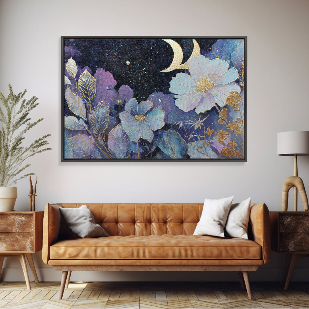 Lunar Phase Arc Above Delicate Botanicals Framed Canvas Print, Celestial Art, Art Prints, Living Room Decor, Celestial, CEL-3x2-8