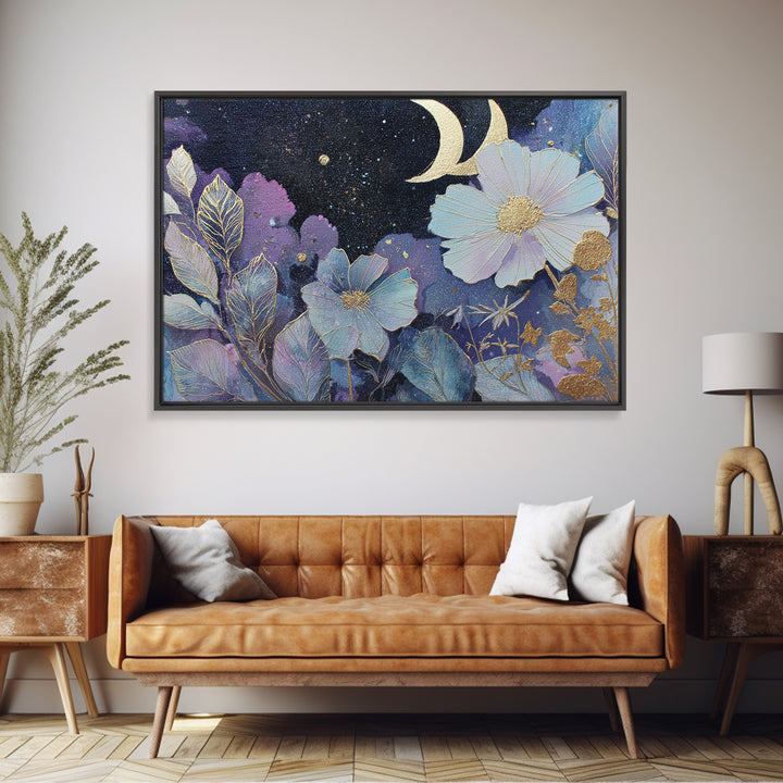 Lunar Phase Arc Above Delicate Botanicals Framed Canvas Print, Celestial Art, Art Prints, Living Room Decor, Celestial, CEL-3x2-8