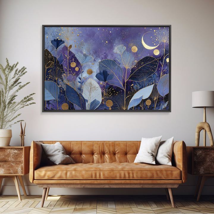 Lunar Phase Arc Above Delicate Botanicals Framed Canvas Print, Celestial Art, Art Nouveau Decor, Living Room Decor, Celestial, CEL-3x2-80