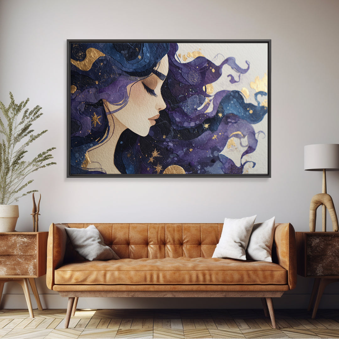 Celestial Goddess with Flowing Midnight Hair Canvas Print, Celestial Art, Neutral Decor, Living Room Decor, Fine Art, Celestial, CEL-3x2-83