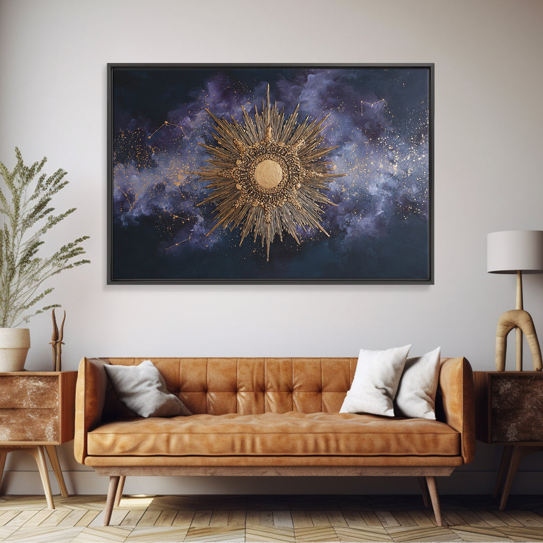 Sunburst Medallion with Ornate Rays Canvas Print, Celestial Art, Whimsical Art, Living Room Decor, Oil Painting, Celestial, CEL-3x2-89