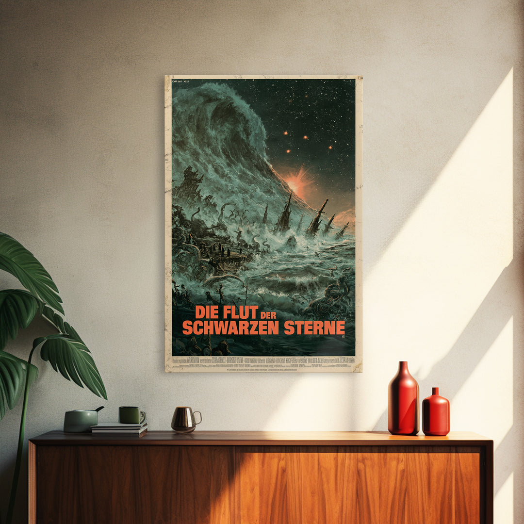 The Tide Of Black Stars, German Language Horror Movie Poster, 1960s Horror Art, Gothic Cinema Wall Art, Framed Canvas Print, Halloween Decor