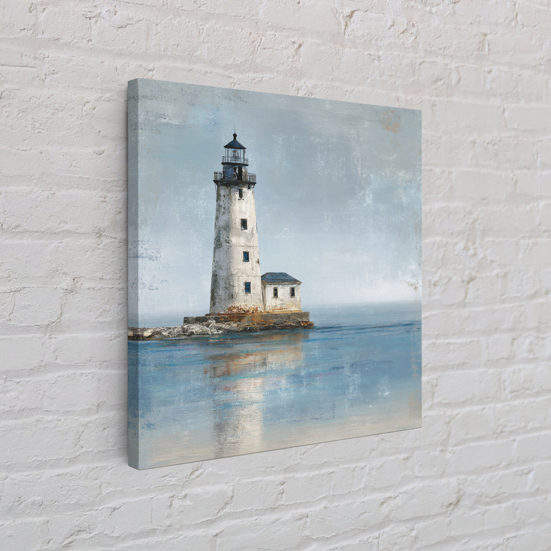 Whitewashed Lighthouse Against Cloudy Sky Canvas Print, Coastal Art, Living Room Art, Coastal Decor, Oil Painting, Coastal, COA-1x1-54