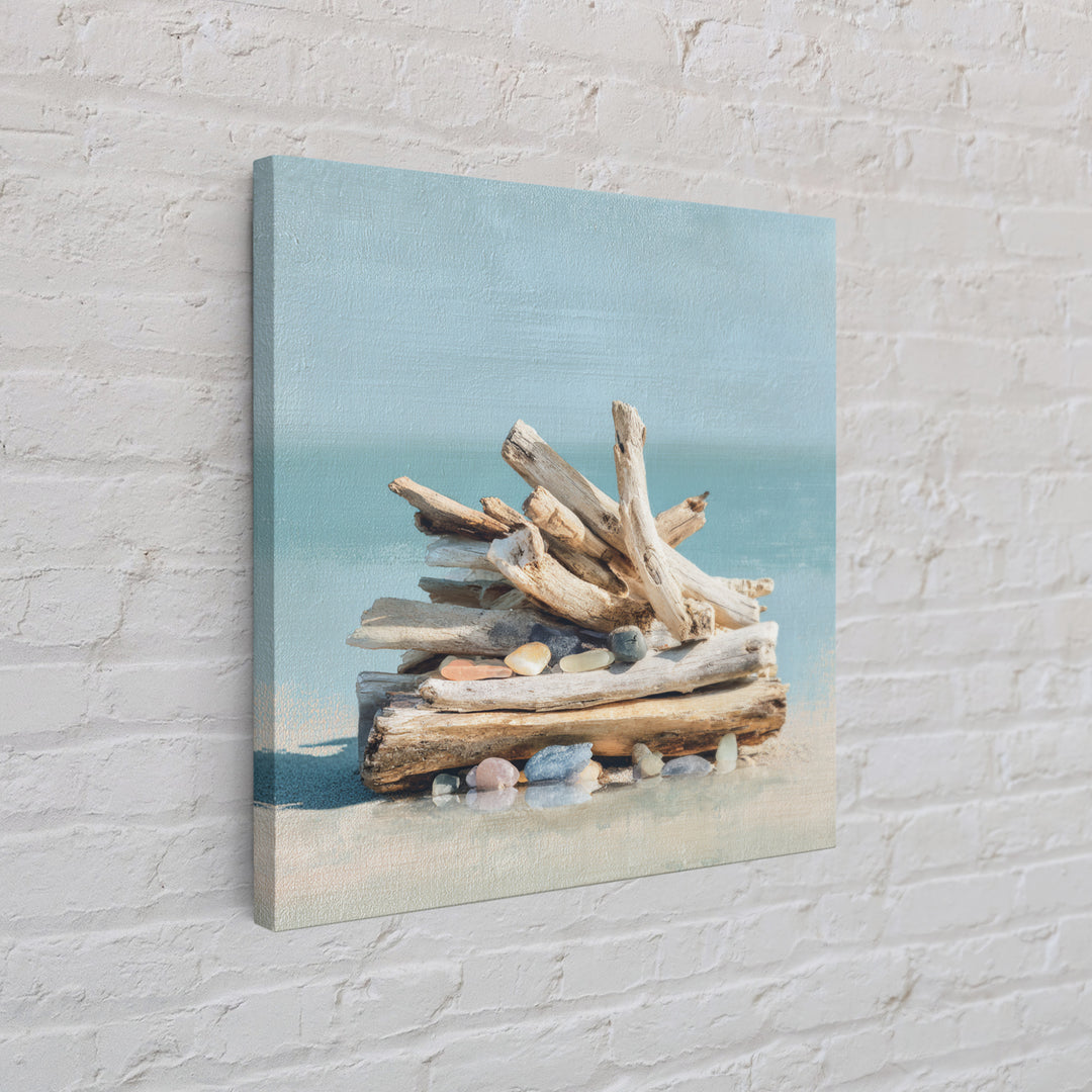 Driftwood and Sea Glass Still Life Canvas Print, Coastal Art, Ocean Wall Art, Coastal Decor, Watercolor Art, Coastal, COA-1x1-55