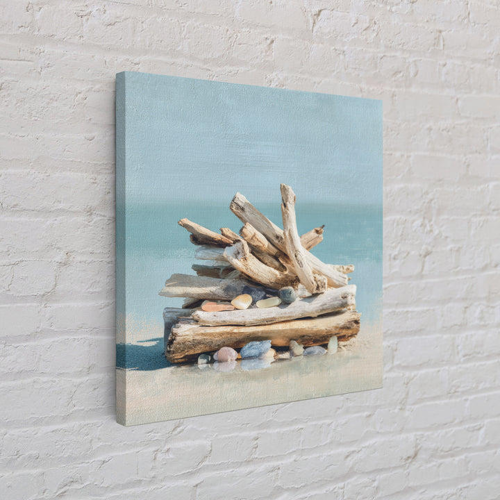 Driftwood and Sea Glass Still Life Canvas Print, Coastal Art, Ocean Wall Art, Coastal Decor, Watercolor Art, Coastal, COA-1x1-55