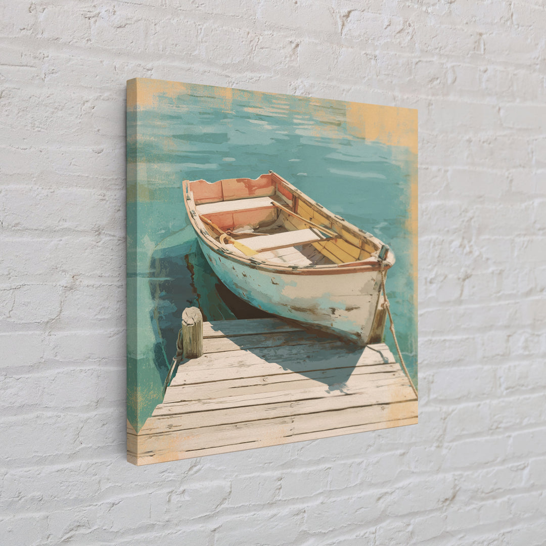 Small Rowboat Tied to a Wooden Dock Framed Canvas Print, Coastal Art, Gallery Decor, Coastal Decor, Fine Art, Coastal, COA-1x1-67