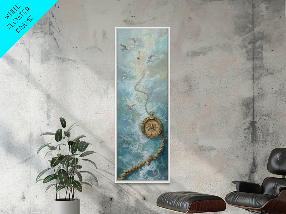 Weathered Nautical Rope and Brass Compass Framed Canvas Print, Coastal Art, Coastal Decor, Fine Art, Coastal, Fine Art Print, COA-1x3-75