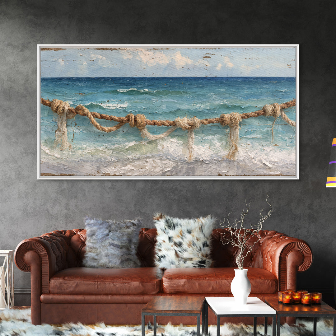 Weathered Nautical Rope and Brass Compass Framed Canvas Print, Coastal Art, Coastal Decor, Oil Painting, Coastal, COA-2x1-35