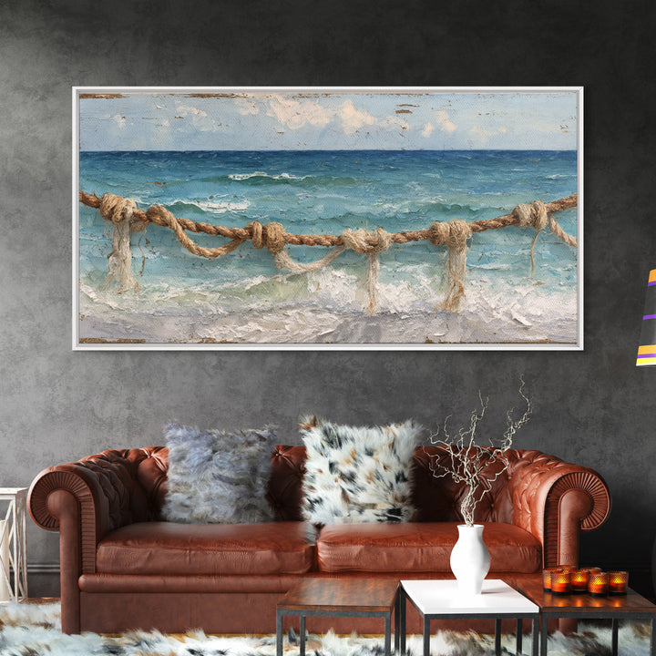 Weathered Nautical Rope and Brass Compass Framed Canvas Print, Coastal Art, Coastal Decor, Oil Painting, Coastal, COA-2x1-35