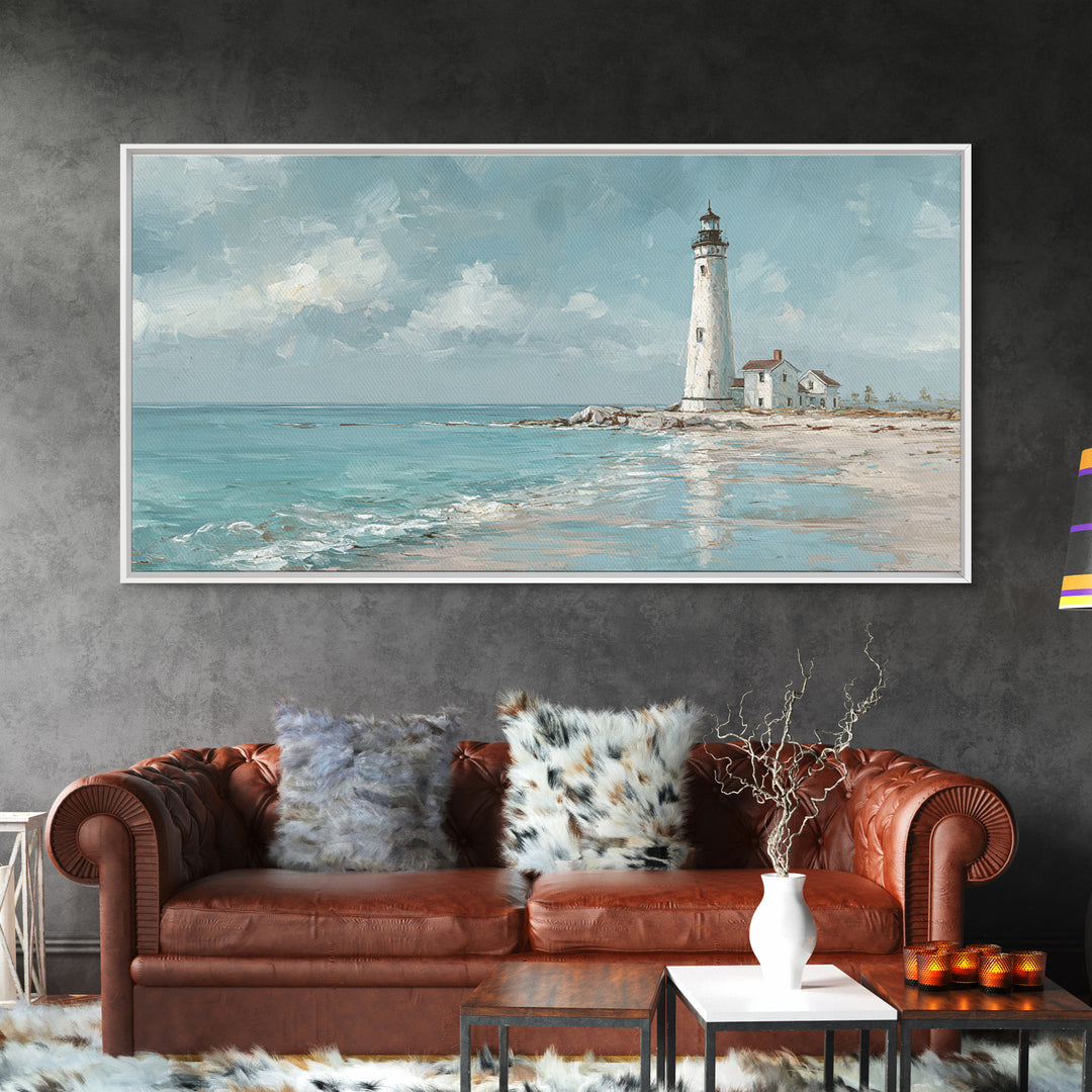 Whitewashed Lighthouse Against Cloudy Sky Framed Canvas Print, Coastal Art, Minimalist Decor, Coastal Decor, Fine Art, Coastal, COA-2x1-50