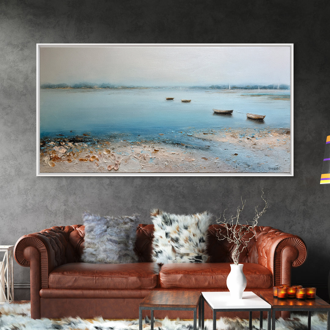 Foggy Harbor with Distant Boats Framed Canvas Print, Coastal Art, Original Painting, Coastal Decor, Fine Art, Coastal, COA-2x1-56