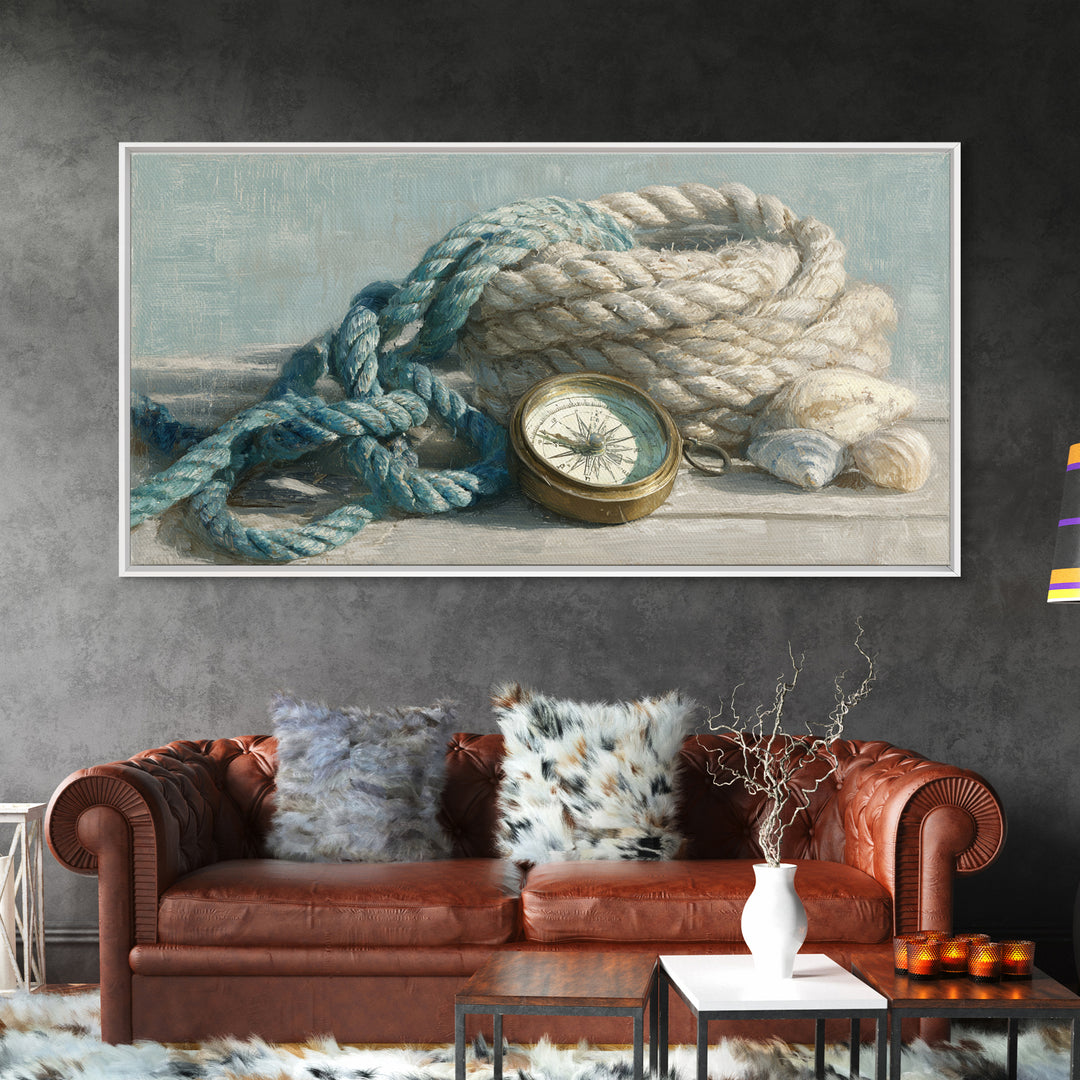 Weathered Nautical Rope and Brass Compass Framed Canvas Print, Coastal Art, Landscape Painting, Coastal Decor, Watercolor Art, COA-2x1-59