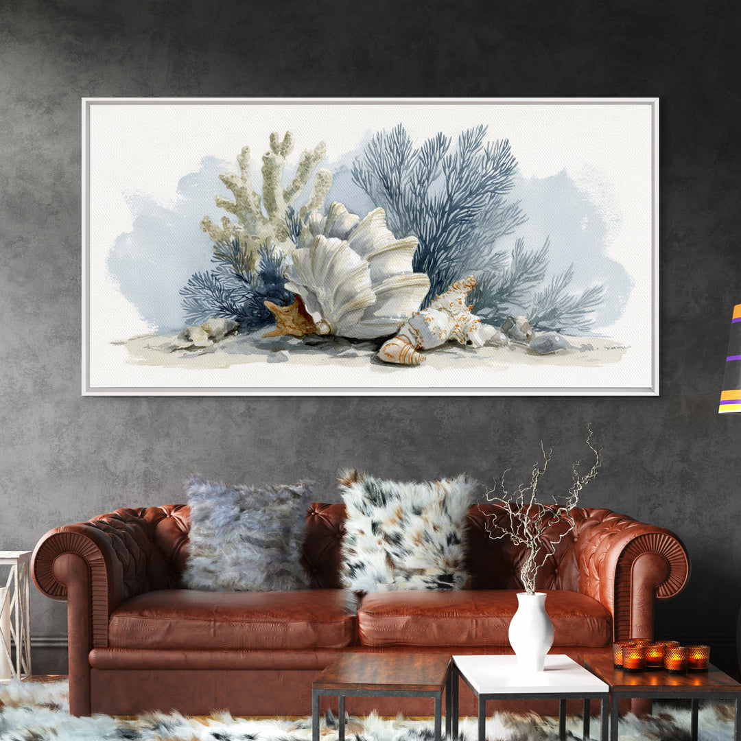 Shell and Coral Specimen Arrangement Framed Canvas Print, Coastal Art, Wall Decor, Coastal Decor, Coastal, Nautical Decor, COA-2x1-7