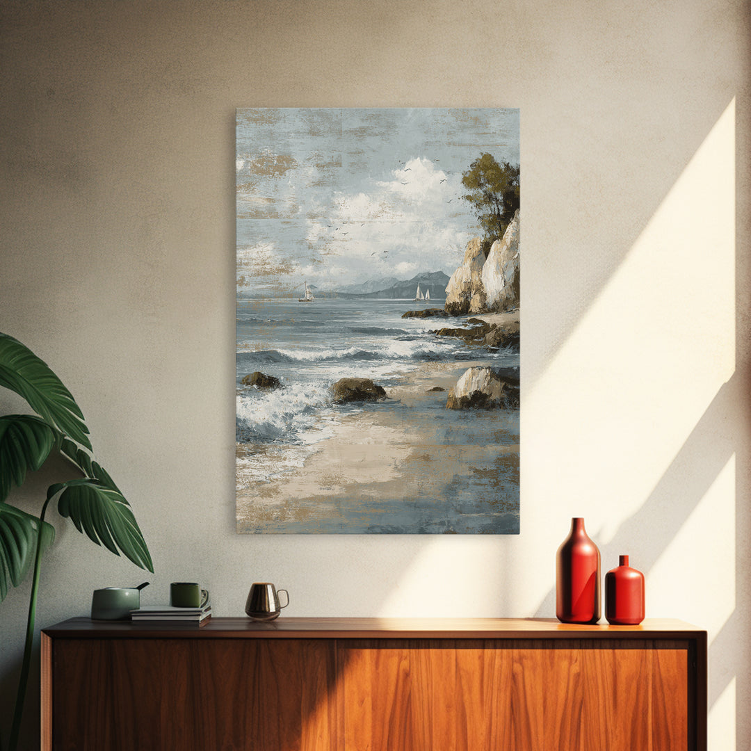 Mediterranean Cove with Cliff Shadows Framed Canvas Print, Coastal Art, Wall Art, Coastal Decor, Fine Art, Coastal, Bird Art, COA-2x3-1