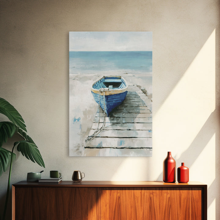 Small Rowboat Tied to a Wooden Dock Framed Canvas Print, Coastal Art, Room Decor, Coastal Decor, Oil Painting, Coastal, COA-2x3-51