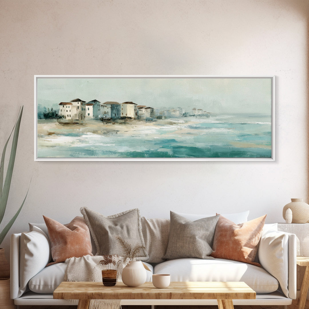 Coastal Village Rooftops Seen from the Sea Canvas Print, Coastal Art, Beach Wall Art, Coastal Decor, Abstract Art, Coastal, COA-3x1-25