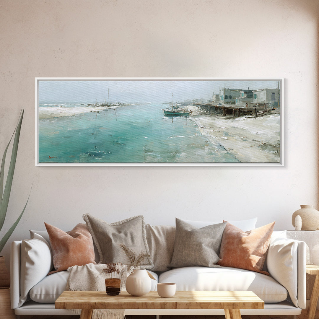 Foggy Harbor with Distant Boats Framed Canvas Print, Coastal Art, Ocean Wall Art, Coastal Decor, Oil Painting, Coastal, COA-3x1-28