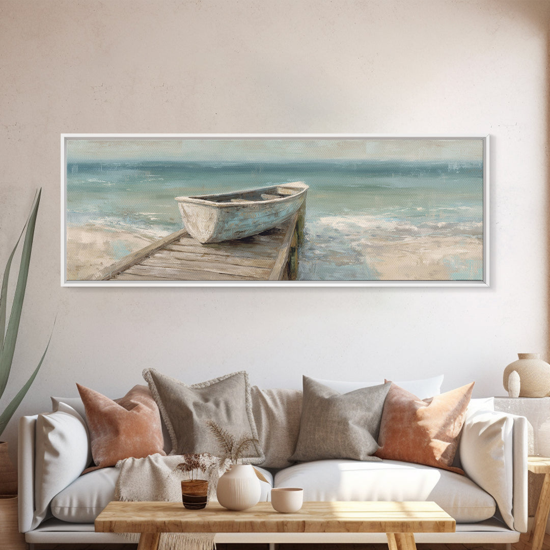 Small Rowboat Tied to a Wooden Dock Framed Canvas Print, Coastal Art, Wall Art, Coastal Decor, Fine Art, Coastal, Bird Art, COA-3x1-59