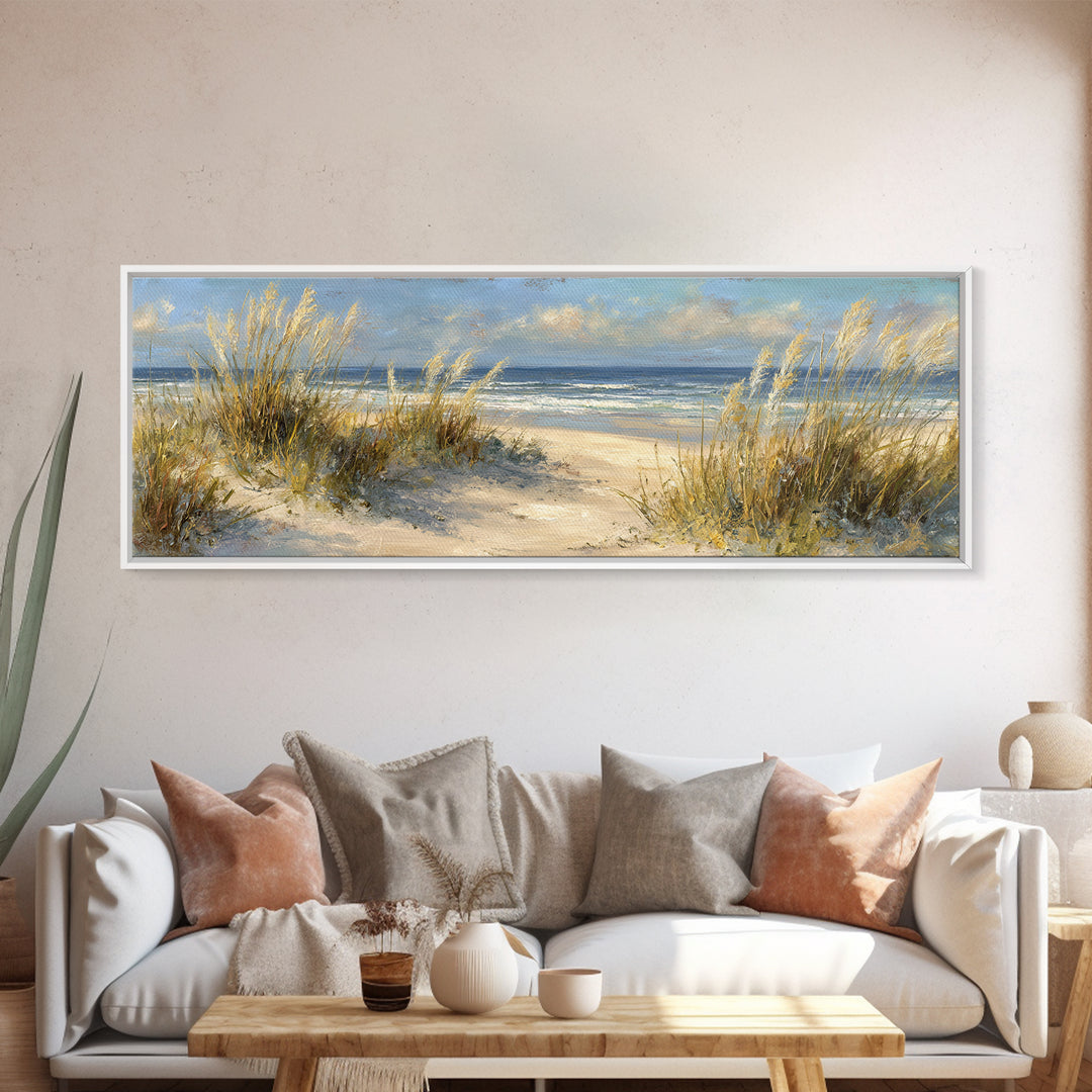 Coastal Grasses Moving Framed Canvas Print, Coastal Art, Coastal Decor, Watercolor Art, Coastal, Modern Wall Art, COA-3x1-68