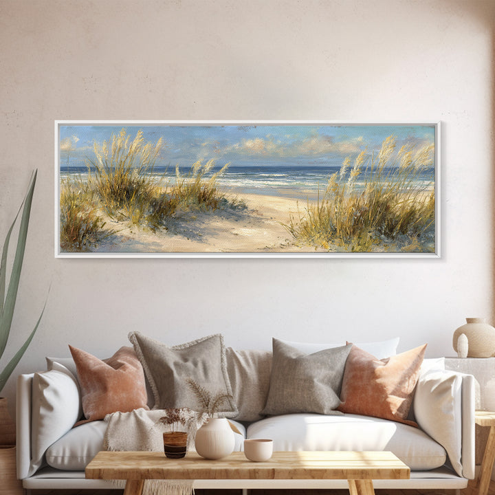 Coastal Grasses Moving Framed Canvas Print, Coastal Art, Coastal Decor, Watercolor Art, Coastal, Modern Wall Art, COA-3x1-68