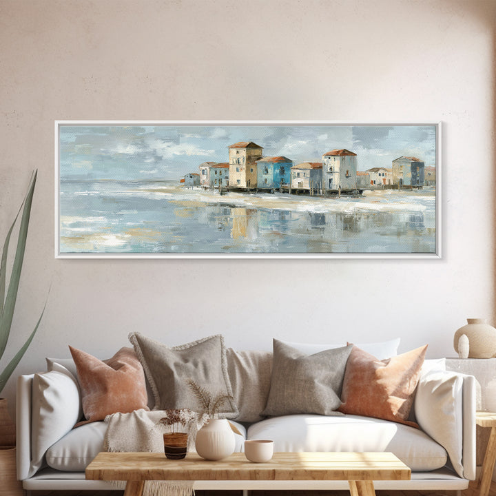 Coastal Village Rooftops Seen from the Sea Framed Canvas Print, Coastal Art, Living Room Art, Coastal Decor, Fine Art, Coastal, COA-3x1-73