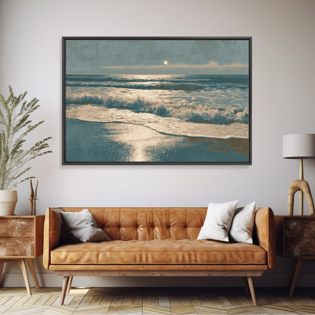 Moonlit Ocean with Silver Surf Framed Canvas Print, Coastal Art, Printable Wall Art, Coastal Decor, Fine Art, Coastal, COA-3x2-2