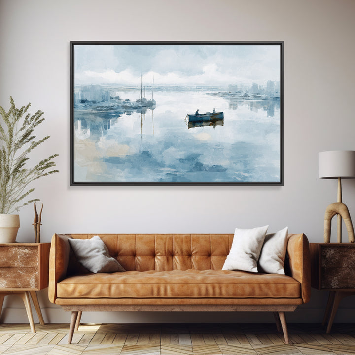 Foggy Harbor with Distant Boats Framed Canvas Print, Coastal Art, Gallery Decor, Coastal Decor, Abstract Art, Coastal, COA-3x2-64
