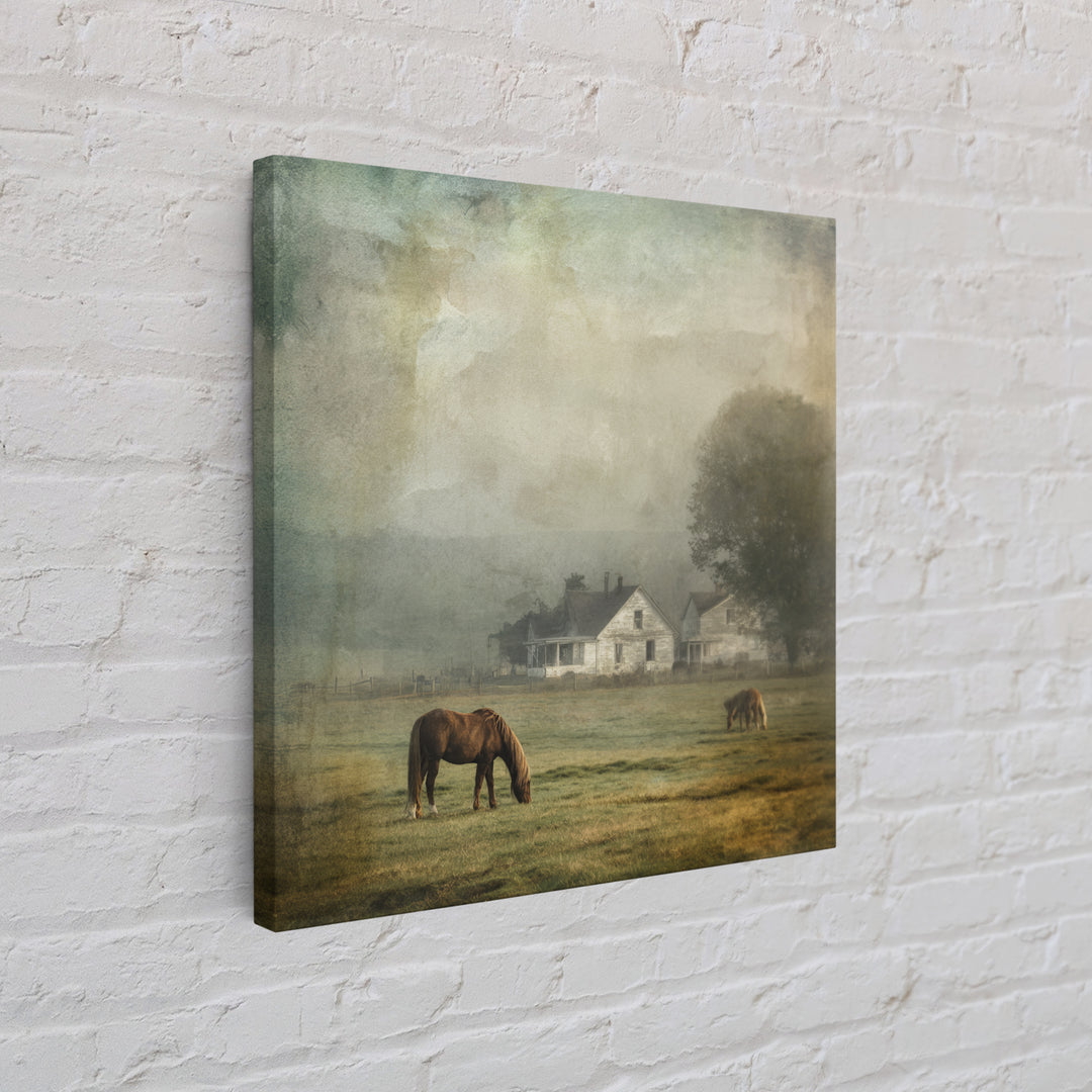 Rolling Pasture with Grazing Horses at Sunrise Framed Canvas Print, Country Art, Farmhouse Wall Art, Farmhouse Decor, Country, COU-1x1-1
