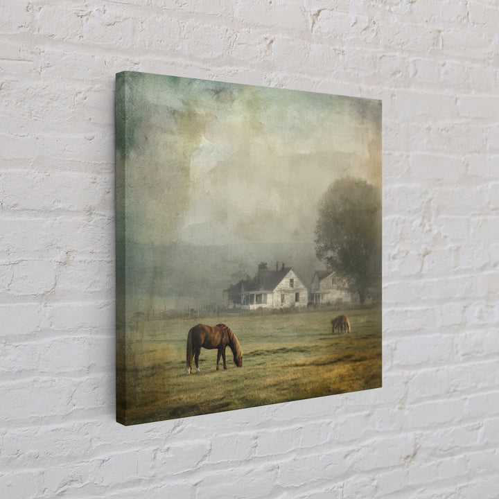 Rolling Pasture with Grazing Horses at Sunrise Framed Canvas Print, Country Art, Farmhouse Wall Art, Farmhouse Decor, Country, COU-1x1-1