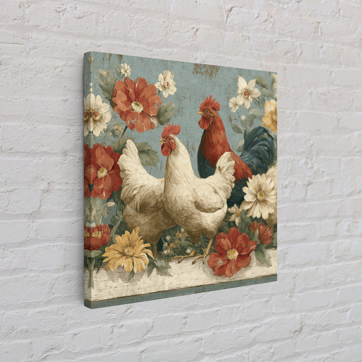 Chickens Pecking Near Garden Flowers Canvas Print, Country Art, Digital Art Prints, Farmhouse Decor, Fine Art, Country, COU-1x1-14