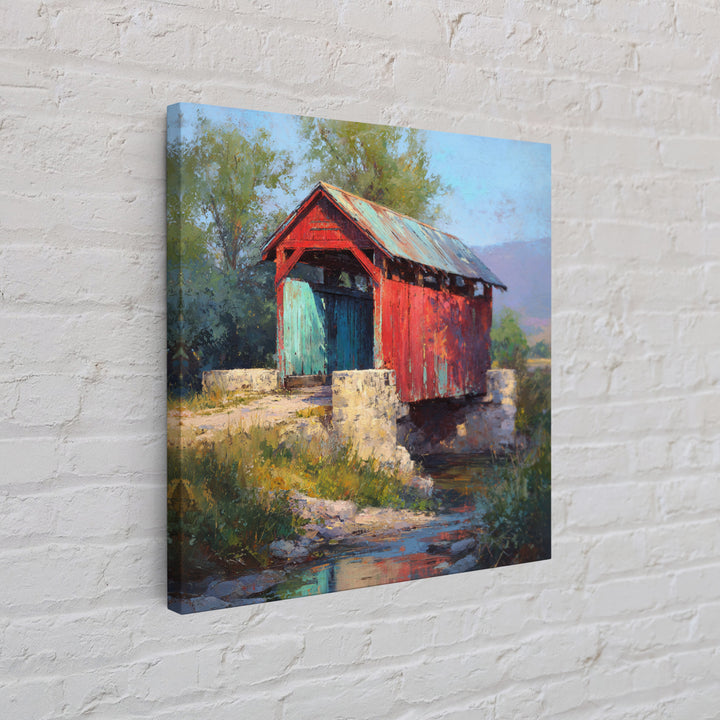 Covered Bridge over a Quiet Creek Canvas Print, Country Art, Farmhouse Decor, Oil Painting, Country, French Country Decor, COU-1x1-15