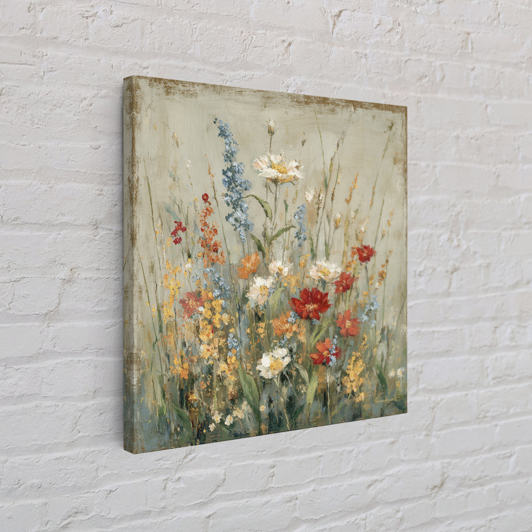 Wildflower Meadow Beside an Old Fence Framed Canvas Print, Country Art, Watercolor Painting, Farmhouse Decor, Oil Painting, COU-1x1-2