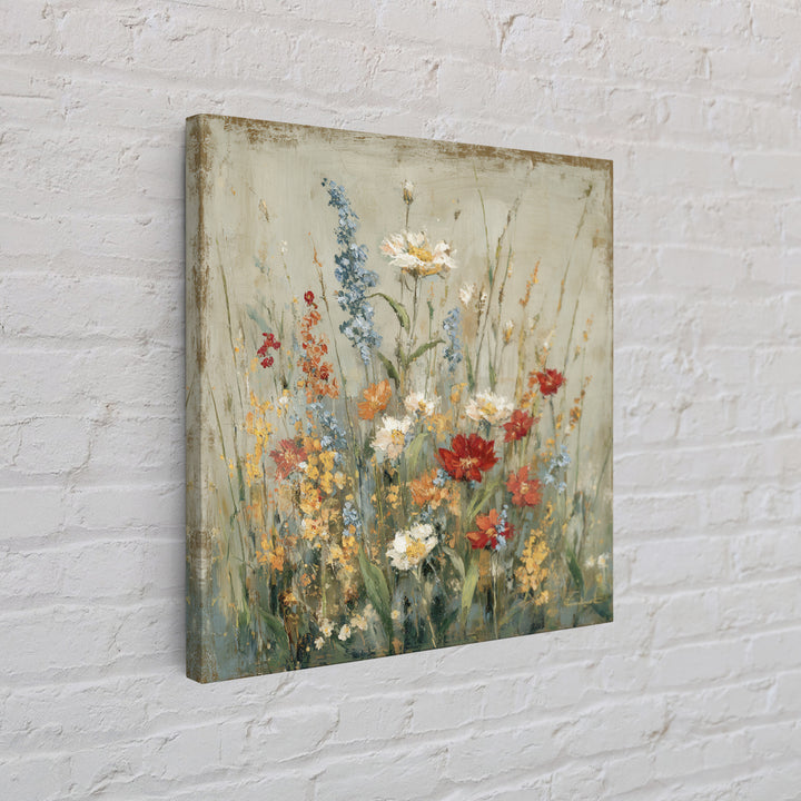 Wildflower Meadow Beside an Old Fence Framed Canvas Print, Country Art, Watercolor Painting, Farmhouse Decor, Oil Painting, COU-1x1-2