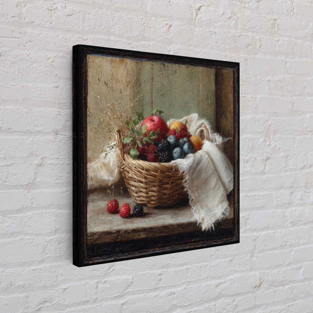 Blackberry Basket with Linen Cloth Framed Canvas Print, Country Art, French Country, Farmhouse Decor, Fine Art, Country, COU-1x1-21