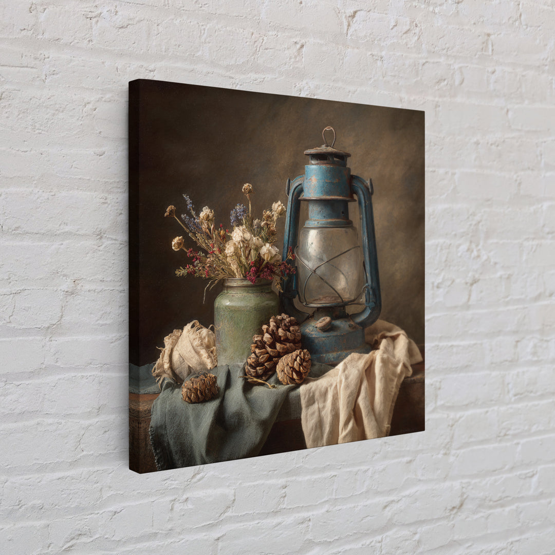 Old Lantern and Pinecones Still Life Framed Canvas Print, Country Art, Landscape Painting, Farmhouse Decor, Watercolor Art, COU-1x1-24
