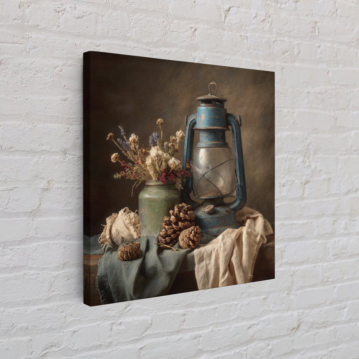 Old Lantern and Pinecones Still Life Framed Canvas Print, Country Art, Landscape Painting, Farmhouse Decor, Watercolor Art, COU-1x1-24