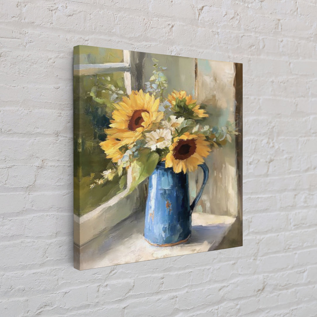 Sunflowers in a Blue Enamel Pitcher Framed Canvas Print, Country Art, Gallery Decor, Farmhouse Decor, Fine Art, Country, COU-1x1-32