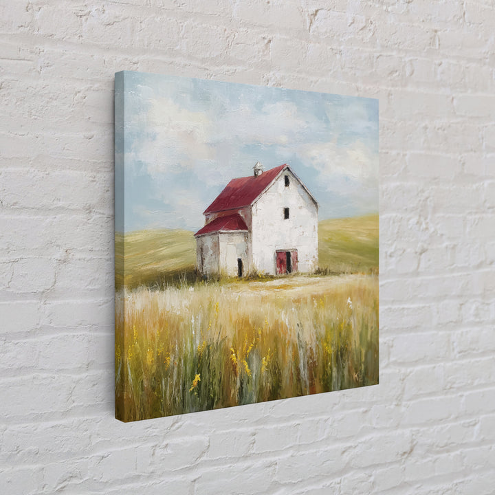 White Farmhouse Surrounded by Tall Grass Framed Canvas Print, Country Art, French Country, Farmhouse Decor, Watercolor Art, COU-1x1-34