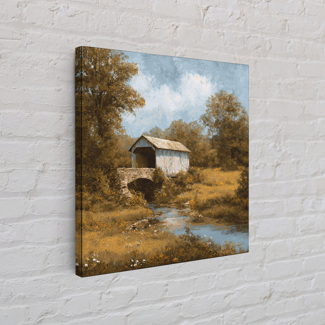 Covered Bridge over a Quiet Creek Framed Canvas Print, Country Art, Watercolor Painting, Farmhouse Decor, Fine Art, Country, COU-1x1-39