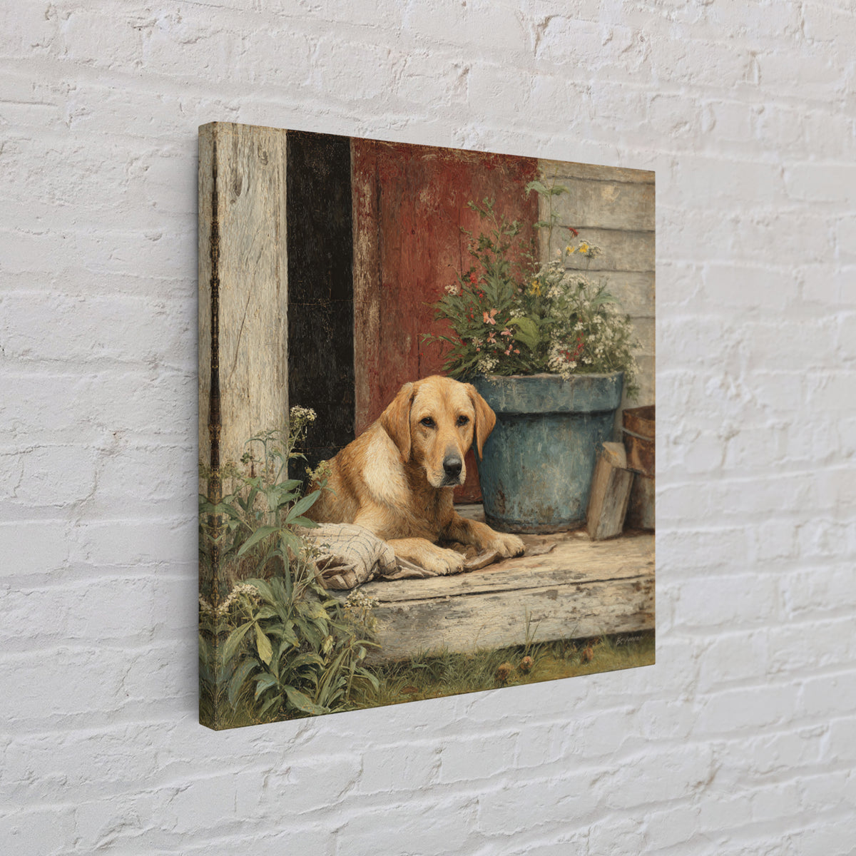 Dog Resting Beside a Porch Flower Pot Framed Canvas Print, Country Art, Landscape Painting, Farmhouse Decor, Oil Painting, COU-1x1-46