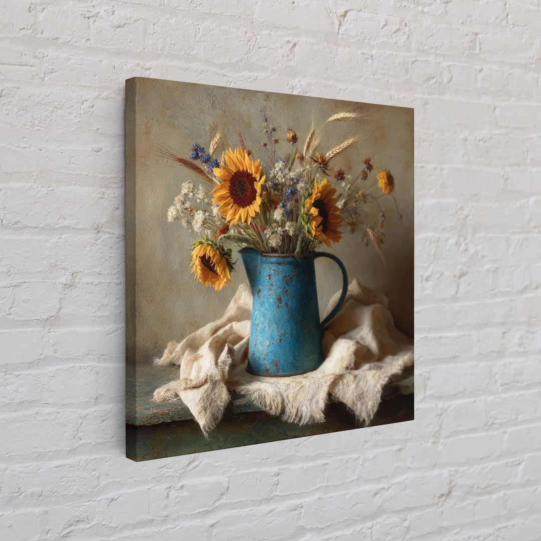 Sunflowers in a Blue Enamel Pitcher Framed Canvas Print, Country Art, Digital Wall Art, Farmhouse Decor, Fine Art, Country, COU-1x1-56