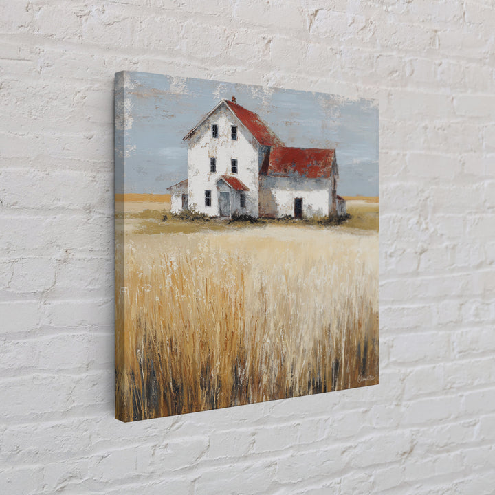 White Farmhouse Surrounded by Tall Grass Framed Canvas Print, Country Art, French Country, Farmhouse Decor, Watercolor Art, COU-1x1-58