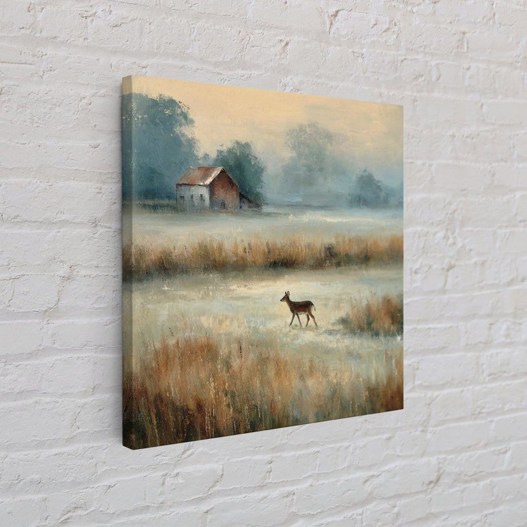 Deer Crossing a Misty Morning Field Canvas Print, Country Art, Landscape Wall Art, Farmhouse Decor, Fine Art, Country, COU-1x1-59