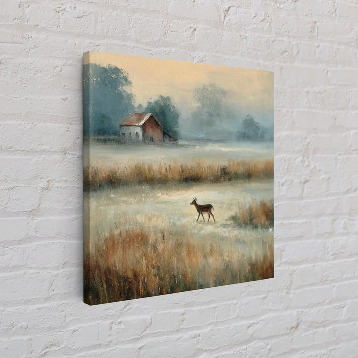 Deer Crossing a Misty Morning Field Canvas Print, Country Art, Landscape Wall Art, Farmhouse Decor, Fine Art, Country, COU-1x1-59