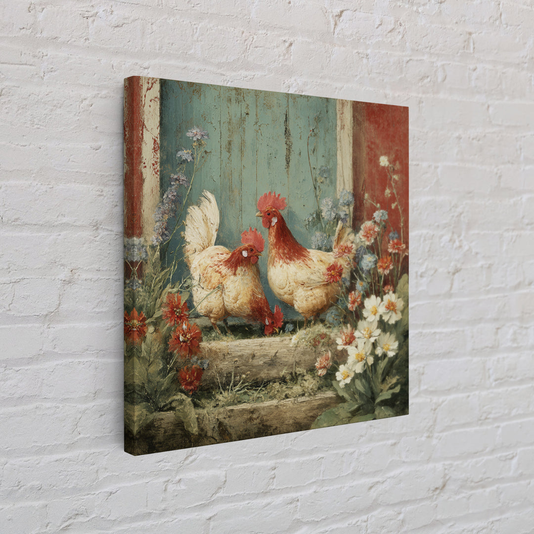 Chickens Pecking Near Garden Flowers Framed Canvas Print, Country Art, Farmhouse Wall Art, Farmhouse Decor, Fine Art, Country, COU-1x1-62