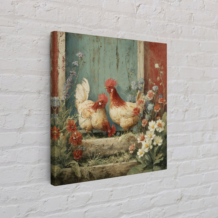 Chickens Pecking Near Garden Flowers Framed Canvas Print, Country Art, Farmhouse Wall Art, Farmhouse Decor, Fine Art, Country, COU-1x1-62