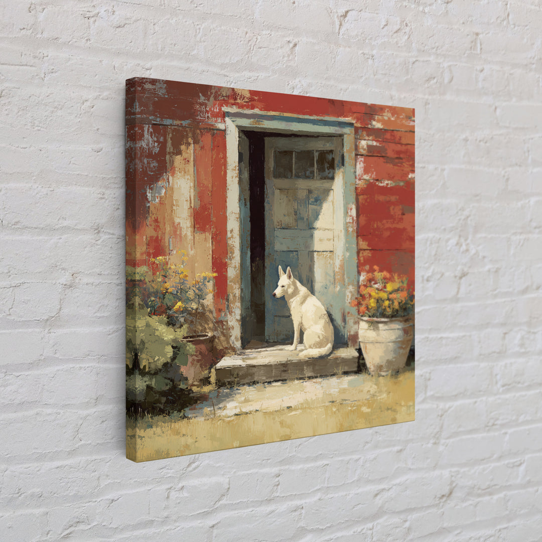 Dog Resting Beside a Porch Flower Pot Framed Canvas Print, Country Art, Landscape Painting, Farmhouse Decor, Oil Painting, COU-1x1-70